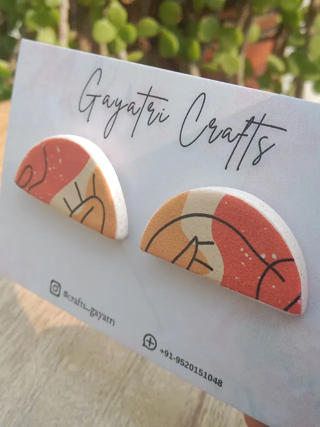 Orange and Peach Line Art Semicircle Boho Studs Earrings - Stainless Steel Backing