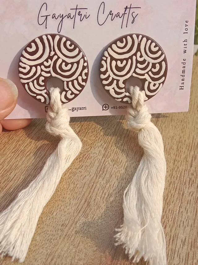 Minimalist Clay Studs With A Hand Painted Boho Design And A Macrame Twist In White And Terracotta Colours