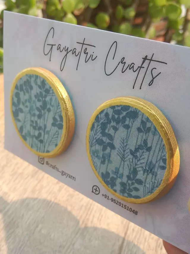 Big Boho Clay Stud Earrings - Blue Leafy Print with Gold Border - Anti-Tarnish Statement Jewelry