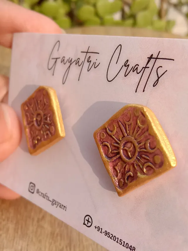 Minimalist Gold and Purple Clay Studs with a Boho Sun Moon And Stars Engraving
