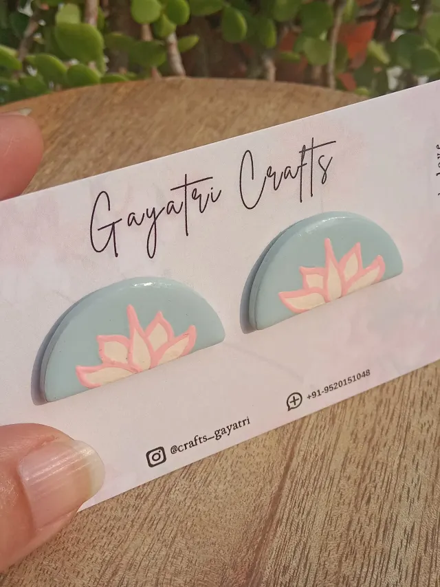 Blue Clay Studs With A Hand Painted Lotus Design In Pink And White Colour