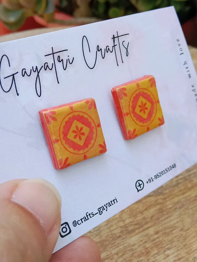 Orange Mediterranean Tiles Inspired Clay Studs. Earrings with Anti-Tarnish Stainless Steel backing.