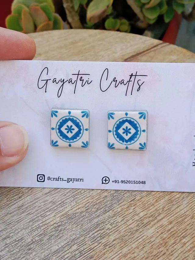 Mediterranean Tiles Inspired Clay Studs. Blue & white Earrings with Anti-Tarnish Stainless Steel backing.
