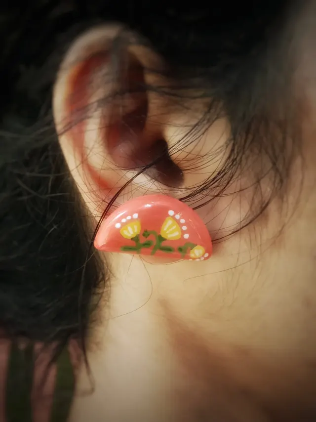 Handmade Clay Semicircle Stud Earrings | Boho Pink & Orange Hand-Painted Floral Design | Lightweight Stainless Steel Jewelry