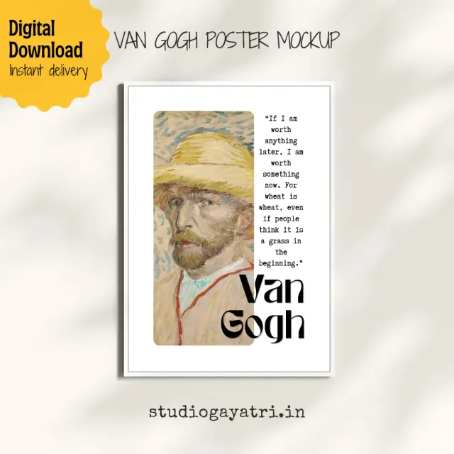 A5 printable Van Gogh quote poster framed on a modern gallery wall, showcasing the self-portrait digital art print in a frame