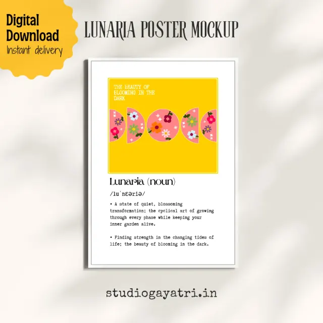 A5 poster with colourful art and happy moon phases print ready pdf