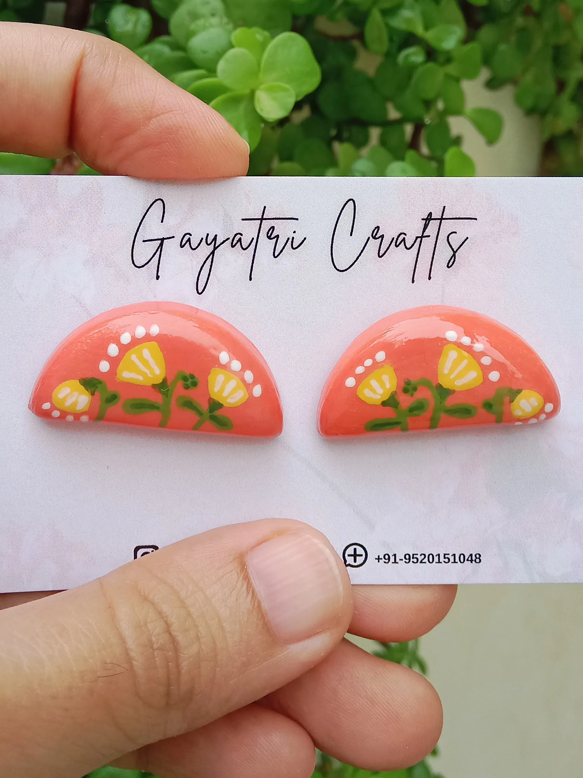 Handmade Clay Semicircle Stud Earrings | Boho Pink & Orange Hand-Painted Floral Design | Lightweight Stainless Steel Jewelry