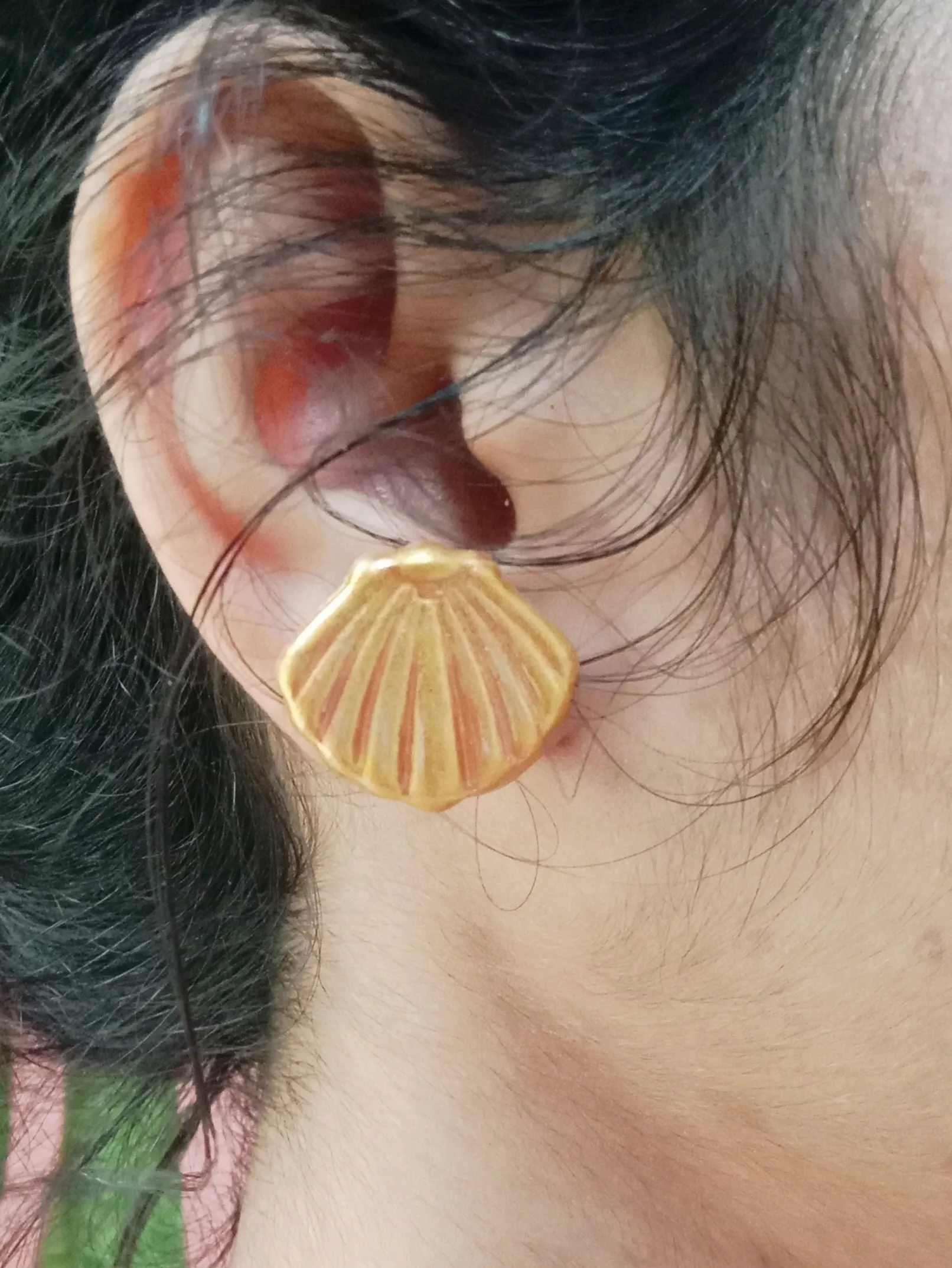 Handmade Golden Seashell Clay Stud Earrings | Lightweight Metallic Gold Ocean-Themed Jewelry with Stainless Steel Backings