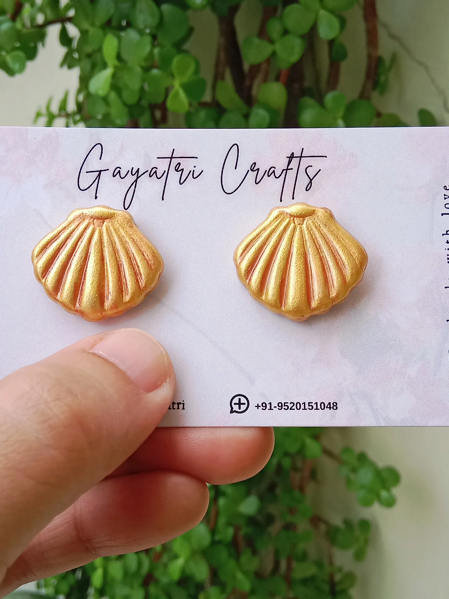 Handmade Golden Seashell Clay Stud Earrings | Lightweight Metallic Gold Ocean-Themed Jewelry with Stainless Steel Backings