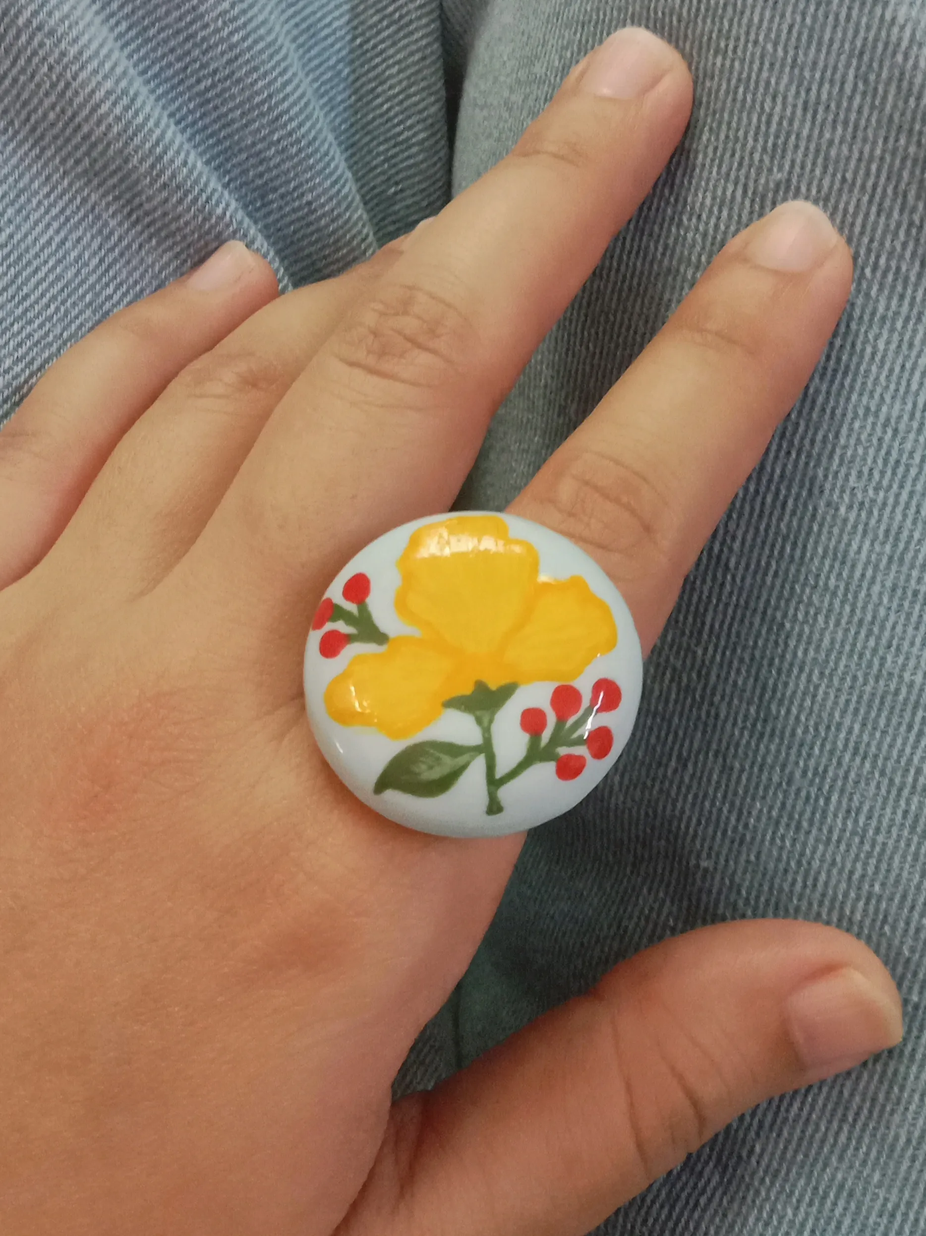 Handmade boho floral ring with Hand-painted details