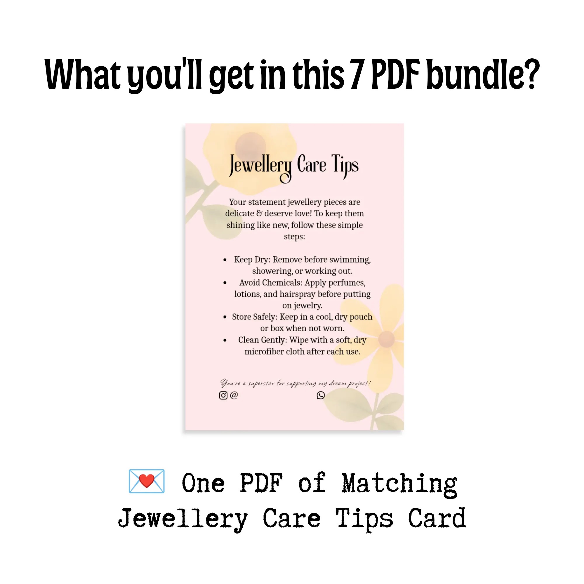Jewellery care tips card PDF print ready for packaging needs of micro businesses and artists
