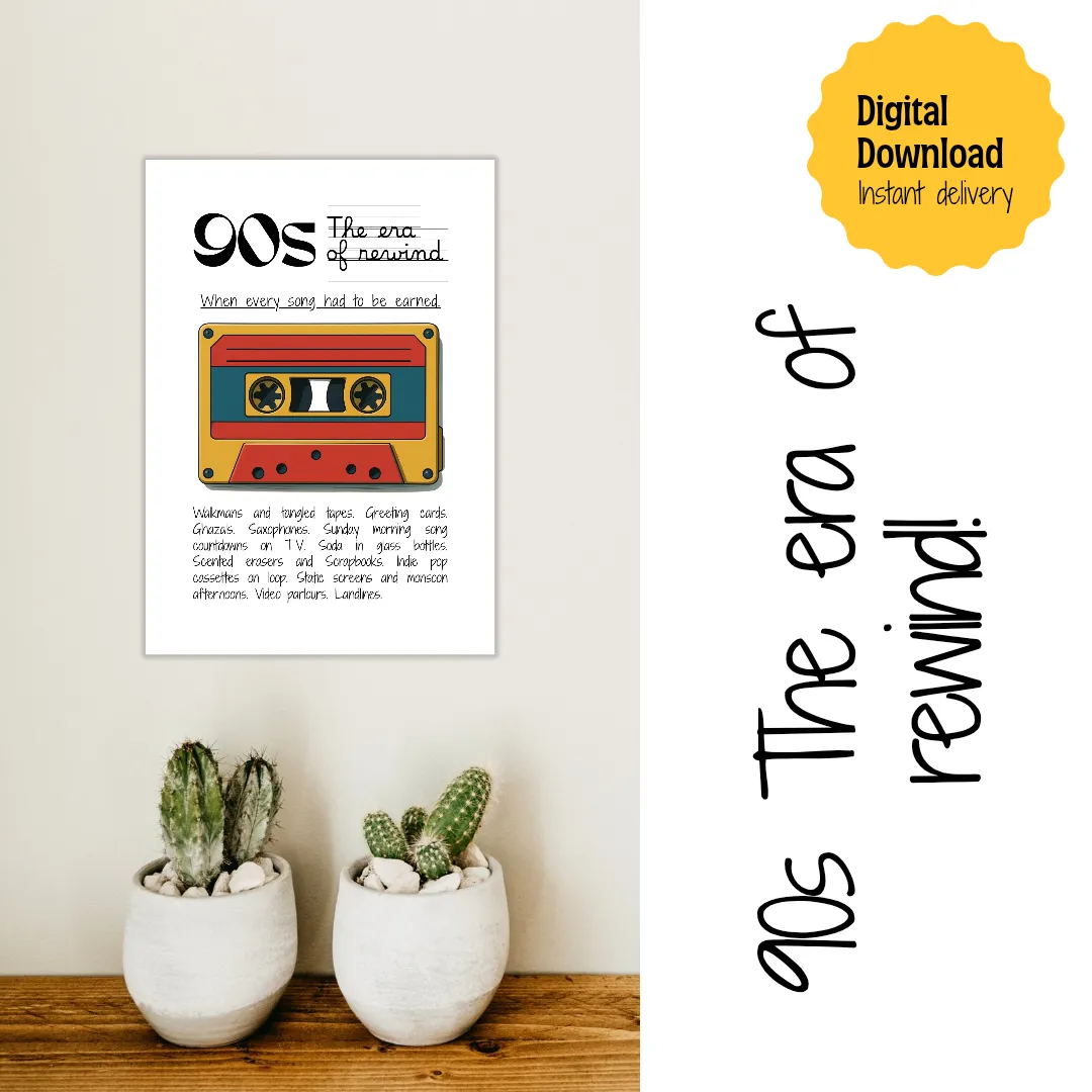 90s Nostalgia Cassette Tape & Indie Pop Digital Art Print | Printable A5 Retro Wall Decor — view 3